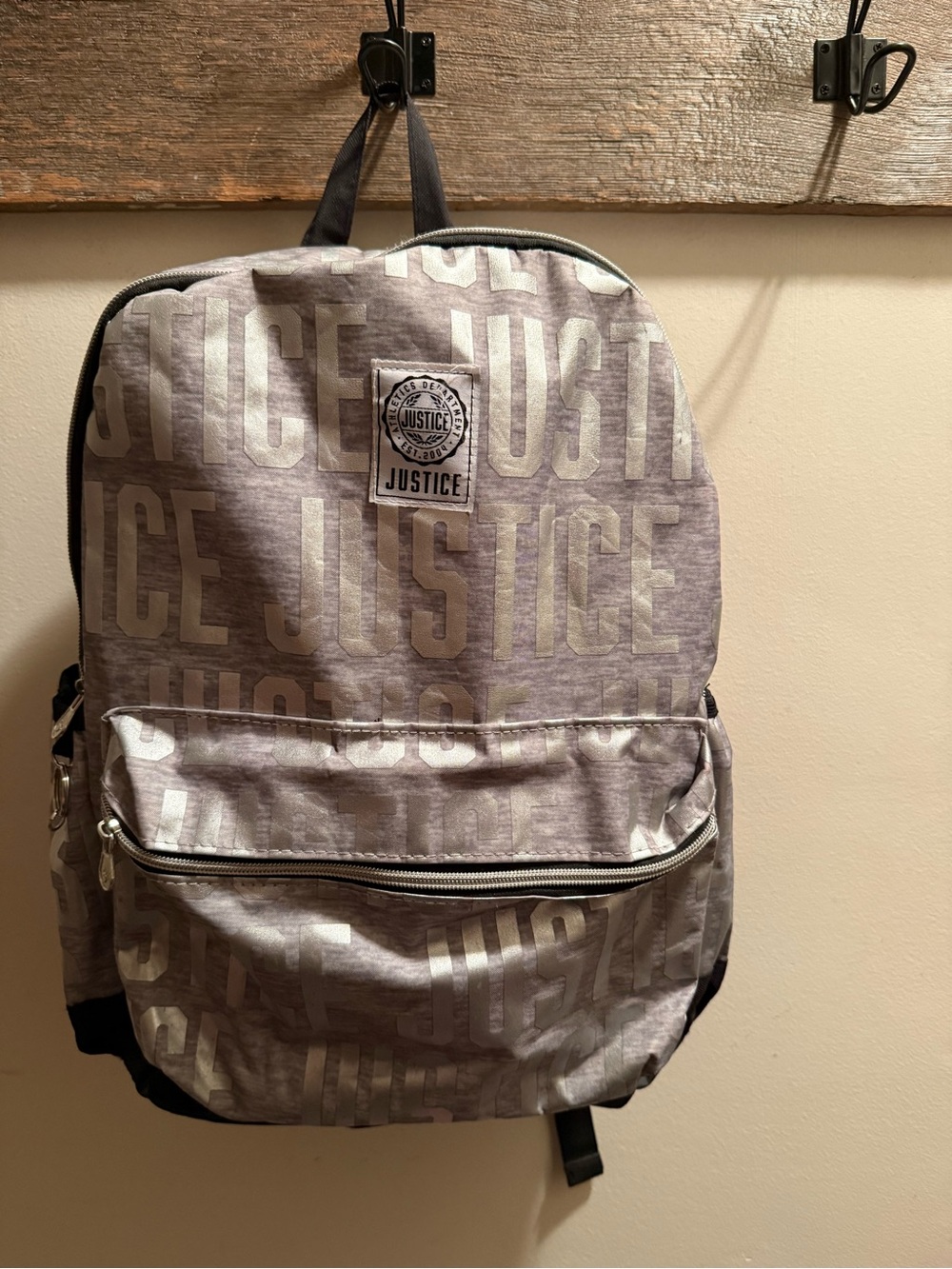 Justice Light Gray Logo Print Backpack17” EUC